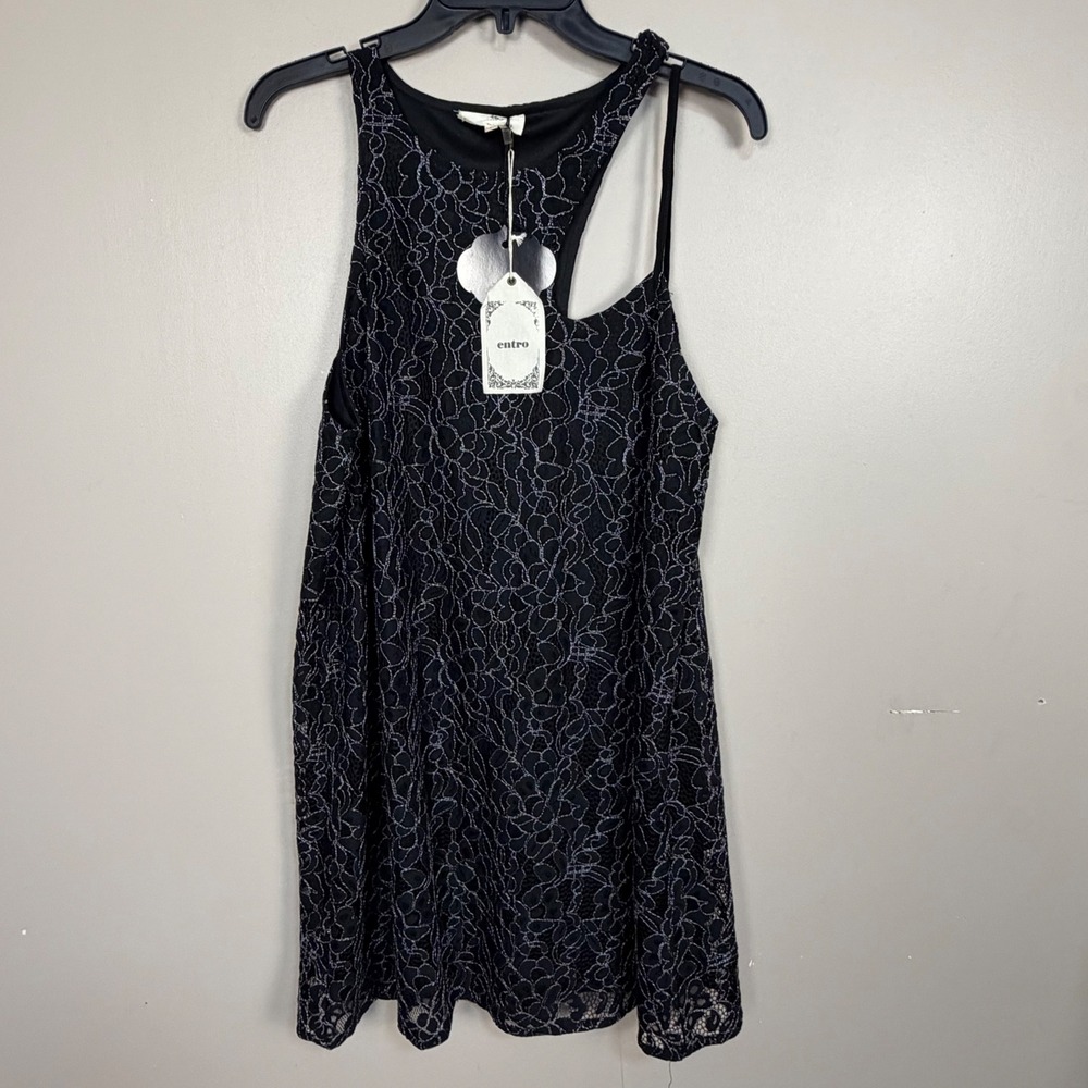Entro Black Silver‎ Metallic Floral Lace Asymmetrical Mini Dress D7538 L NEW
